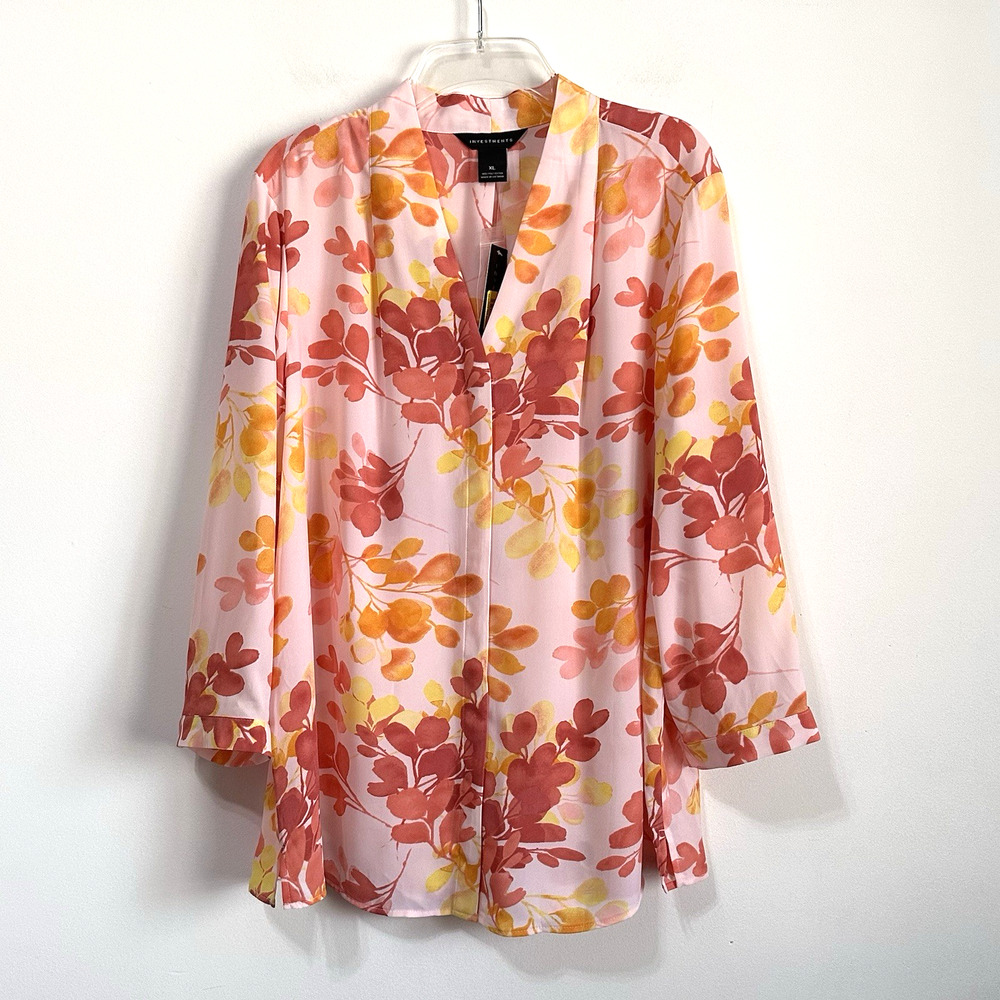 Investments Blouse XL Popover Caroline Signature Water Painted Floral Print NEW